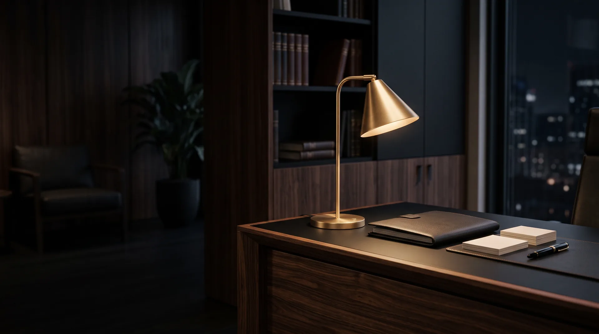 Aufgeräumter Kanzleischreibtisch mit Messinglampe im Abendlicht